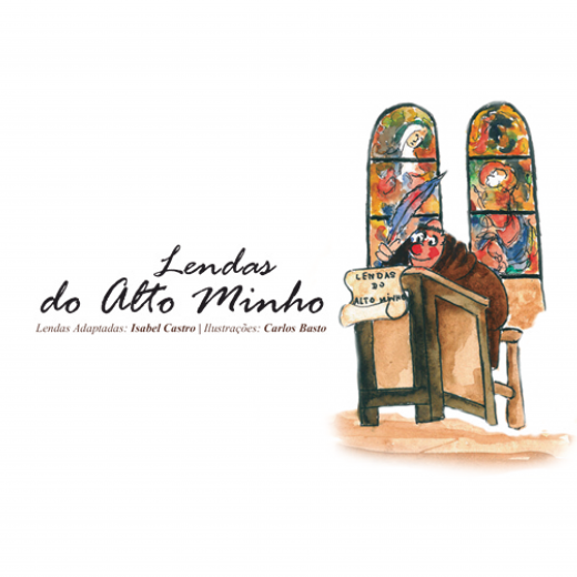 A centro, numa faixa branca está o título Lendas do Alto Minho. Lendas adaptadas por Isabel Castro e ilustrações de Carlos Basto. Na frente desta linha, do lado direito da capa, está a ilustração de um frade sentado em frente a uma mesa de madeira inclinada, onde está a escrever com uma pena azul.