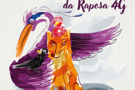 Num fundo cinzente claro, no centro da capa, estão a raposa 4G, o mel-recebechão, a rola tagarela e a garça-rute. Todos muito coloridos, com pinceladas firmes e com muitos traços. A pintura é irregular e não preenche completamente todo o contorno. A raposa 4G é laranja, com bolinhas brancas. Ela tem no rosto uma expressão séria. O mel-recebechão está do lado esquerdo da raposa 4G. É preto, com detalhes em cinzente. Tem os olhos redondinhos e o bico amarelo. Em cima da cabeça da raposa 4G está a rola tagarela. Ela é cor-de-rosa, com contornos rosa-escuro. Os seus olhos são redondos, com grandes pestanas. O seu corpinho é formado por muitas linhas curvas que representam as suas penas. O seu bico é curvo e amarelo. Atrás deles está a garça-rute. Ela é maior que os três juntos. O seu corpo é roxo, com algumas pinceladas lilás. O seu pescoço é longo, com a parte da frente branca e a de trás lilás. Tem um detalhe azul na cabeça, começa próximo ao olho e vai até ao início do pescoço. Os seus olhos são redondos e o seu bico laranja é longo e grande. O título do livro está em roxo, no canto superior direito da capa. As Aventuras da Raposa 4G. Embaixo da asa da Garça Ruth está o nome da autora, Célia Souza, e do ilustrador, Rui Lobo.