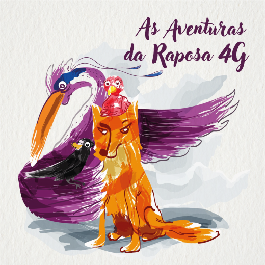 Num fundo cinzente claro, no centro da capa, estão a raposa 4G, o mel-recebechão, a rola tagarela e a garça-rute. Todos muito coloridos, com pinceladas firmes e com muitos traços. A pintura é irregular e não preenche completamente todo o contorno. A raposa 4G é laranja, com bolinhas brancas. Ela tem no rosto uma expressão séria. O mel-recebechão está do lado esquerdo da raposa 4G. É preto, com detalhes em cinzente. Tem os olhos redondinhos e o bico amarelo. Em cima da cabeça da raposa 4G está a rola tagarela. Ela é cor-de-rosa, com contornos rosa-escuro. Os seus olhos são redondos, com grandes pestanas. O seu corpinho é formado por muitas linhas curvas que representam as suas penas. O seu bico é curvo e amarelo. Atrás deles está a garça-rute. Ela é maior que os três juntos. O seu corpo é roxo, com algumas pinceladas lilás. O seu pescoço é longo, com a parte da frente branca e a de trás lilás. Tem um detalhe azul na cabeça, começa próximo ao olho e vai até ao início do pescoço. Os seus olhos são redondos e o seu bico laranja é longo e grande. O título do livro está em roxo, no canto superior direito da capa. As Aventuras da Raposa 4G. Embaixo da asa da Garça Ruth está o nome da autora, Célia Souza, e do ilustrador, Rui Lobo.
