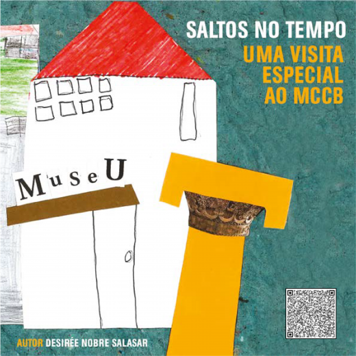 Capa do Livro Saltos Capa Saltos no tempo - Uma visita Especial ao MCCB, constituída por um conjunto de recortes de papel sobrepostos de uma representação de desenho infantil do museu, um pilar romano e as letras museu em recorte.