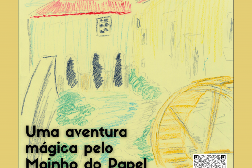CAPA DO LIVRO Uma aventura mágica pelo moinho de papel. Constituído por um desenho de um moinho a lapis de cera sobre um fundo amarelo acompanhado do titulo no canto inferior esquerdo e autoras assim como um código qr no canto inferior direito.