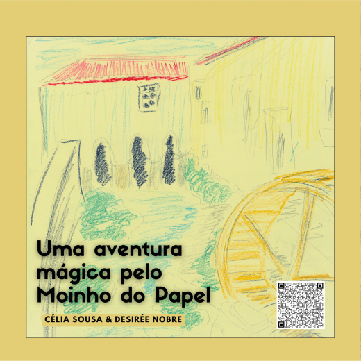 CAPA DO LIVRO Uma aventura mágica pelo moinho de papel. Constituído por um desenho de um moinho a lapis de cera sobre um fundo amarelo acompanhado do titulo no canto inferior esquerdo e autoras assim como um código qr no canto inferior direito.