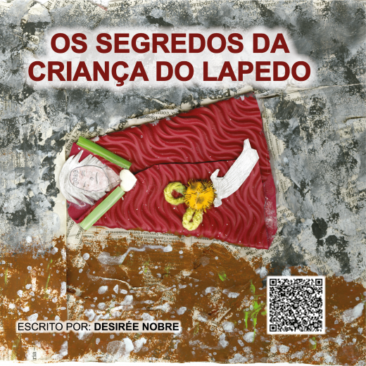 A capa do livro foi feita de uma colagem, tem um fundo dividido entre castanho e cinzento. A criança do Lapedo está no centro da capa, envolvida por um tecido vermelho com texturas onduladas. Acima da criança, o título do livro em vermelho, Os Segredos da Criança do Lapede. O livro foi escrito por Desi Renobre e o código QR para acederes à audiolivro está na parte de baixo.
